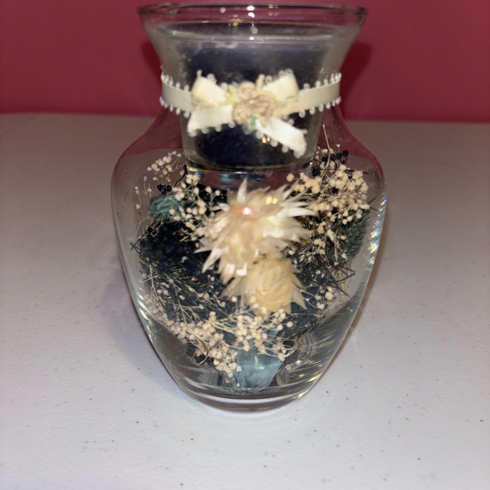 Glass Vase with Cream and Blue Dried Flowers